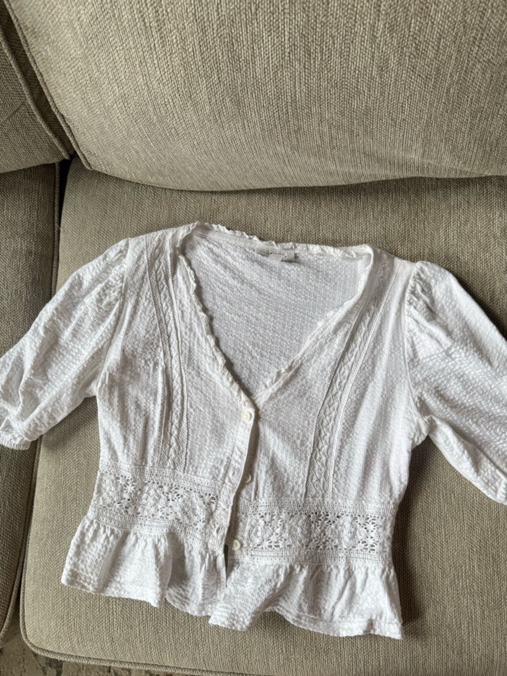 Topshop White Textured V-Neck Blouse with Crochet Trim